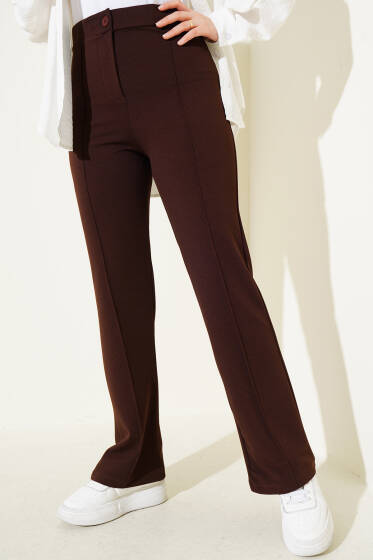 Tek Düğmeli Çımalı Pantolon Acı Kahve - Pantolon
