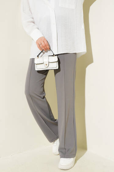 Tek Düğmeli Çımalı Pantolon Füme - Pantolon