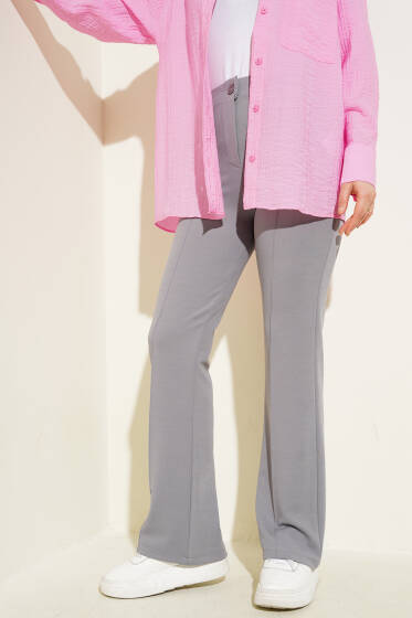 Tek Düğmeli Çımalı Pantolon Gri - Pantolon