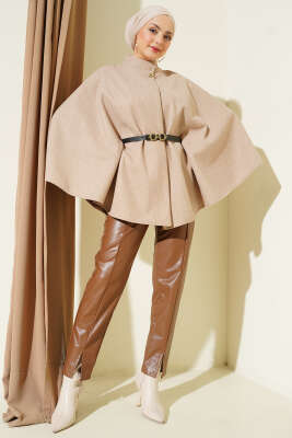 Tek Düğmeli Kemerli Kaşe Panço Bej - Panço