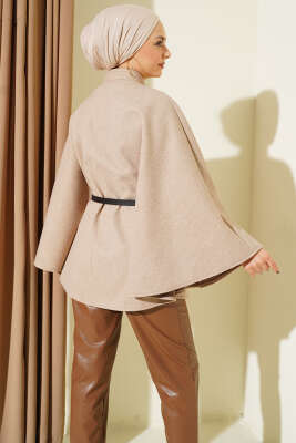 Tek Düğmeli Kemerli Kaşe Panço Bej - Panço