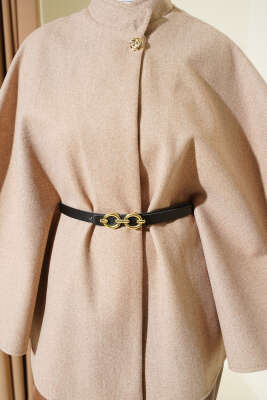 Tek Düğmeli Kemerli Kaşe Panço Bej - Panço