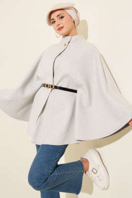 Tek Düğmeli Kemerli Kaşe Panço Gri - BERAT TEKSTİL