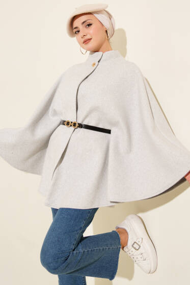 Tek Düğmeli Kemerli Kaşe Panço Gri - Panço