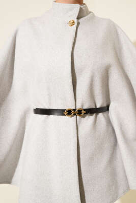 Tek Düğmeli Kemerli Kaşe Panço Gri - Panço