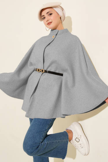 Tek Düğmeli Kemerli Kaşe Panço Gri - Panço