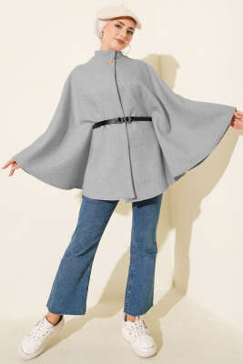 Tek Düğmeli Kemerli Kaşe Panço Gri - Panço