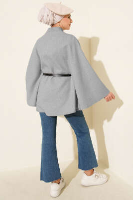 Tek Düğmeli Kemerli Kaşe Panço Gri - Panço