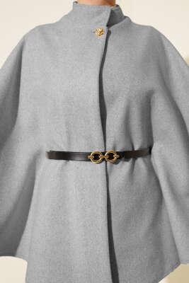 Tek Düğmeli Kemerli Kaşe Panço Gri - Panço