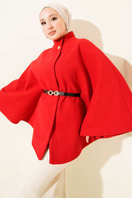 Tek Düğmeli Kemerli Kaşe Panço Kırmızı - BERAT TEKSTİL