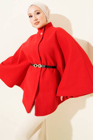Tek Düğmeli Kemerli Kaşe Panço Kırmızı - Panço