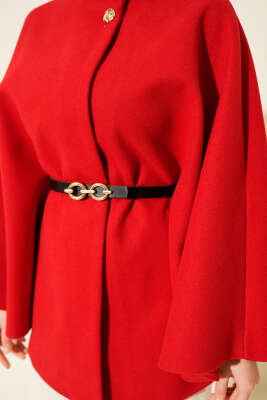 Tek Düğmeli Kemerli Kaşe Panço Kırmızı - Panço