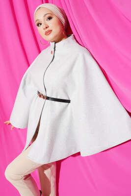 Tek Düğmeli Kemerli Kaşe Panço Melanj Gri 