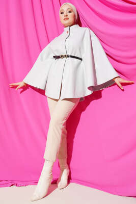 Tek Düğmeli Kemerli Kaşe Panço Melanj Gri - Panço