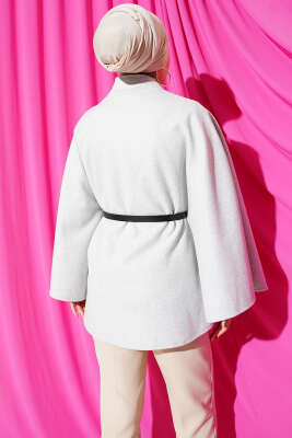 Tek Düğmeli Kemerli Kaşe Panço Melanj Gri - Panço