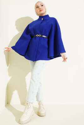 Tek Düğmeli Kemerli Kaşe Panço Saks - Panço