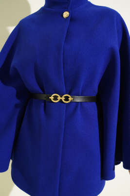 Tek Düğmeli Kemerli Kaşe Panço Saks - Panço