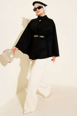 Tek Düğmeli Kemerli Kaşe Panço Siyah - Panço