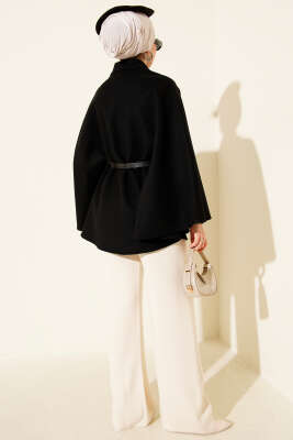 Tek Düğmeli Kemerli Kaşe Panço Siyah - Panço