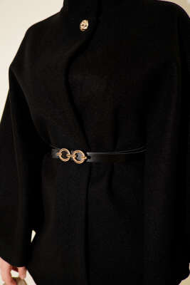 Tek Düğmeli Kemerli Kaşe Panço Siyah - Panço