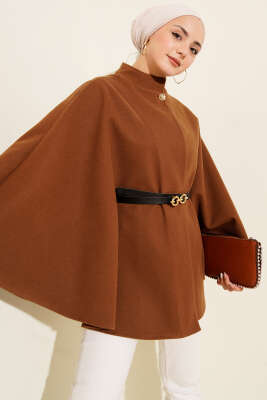 Tek Düğmeli Kemerli Kaşe Panço Taba 