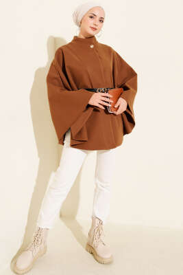 Tek Düğmeli Kemerli Kaşe Panço Taba - Panço