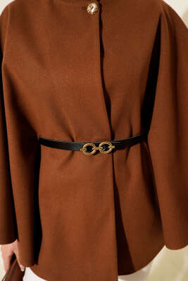 Tek Düğmeli Kemerli Kaşe Panço Taba - Panço