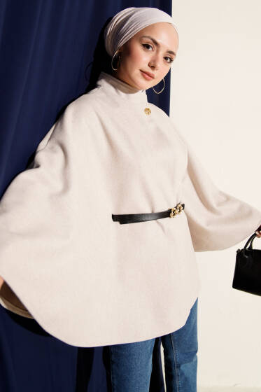 Tek Düğmeli Kemerli Kaşe Panço Taş - Ferace