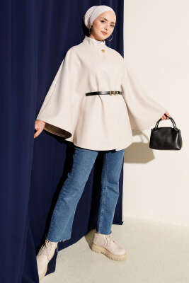 Tek Düğmeli Kemerli Kaşe Panço Taş - Ferace