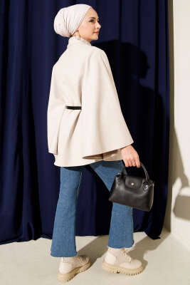 Tek Düğmeli Kemerli Kaşe Panço Taş - Ferace