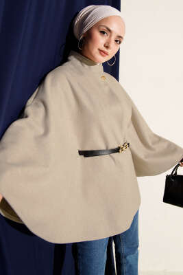 Tek Düğmeli Kemerli Kaşe Panço Taş - BERAT TEKSTİL