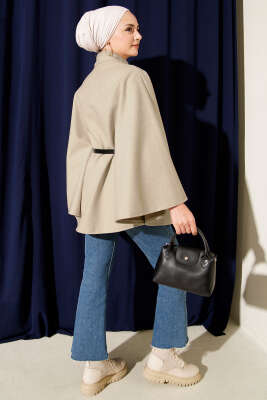 Tek Düğmeli Kemerli Kaşe Panço Taş - Ferace