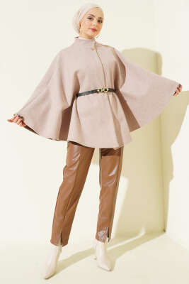 Tek Düğmeli Kemerli Kaşe Panço Vizon - Panço