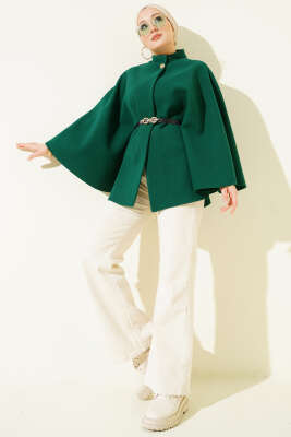 Tek Düğmeli Kemerli Kaşe Panço Zümrüt - Panço