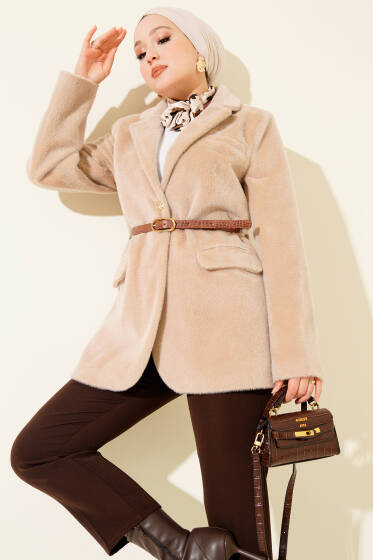 Tek Düğmeli Kemerli Sakallı Ceket Bej - Ceket