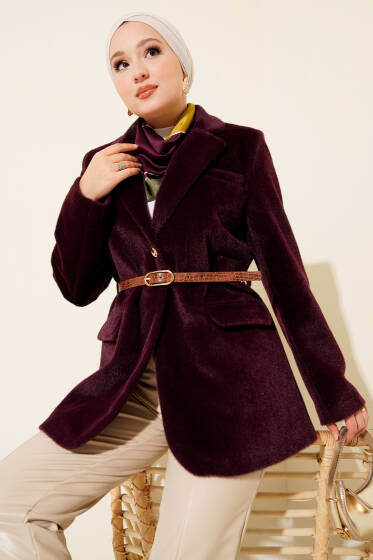 Tek Düğmeli Kemerli Sakallı Ceket Mor - Ceket