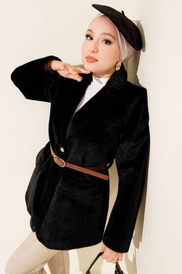 Tek Düğmeli Kemerli Sakallı Ceket Siyah - Ceket