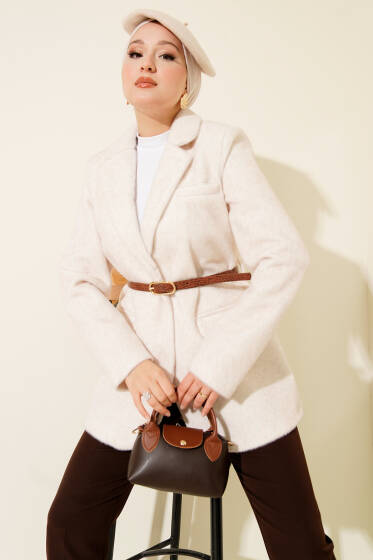 Tek Düğmeli Kemerli Sakallı Ceket Taş - Ceket