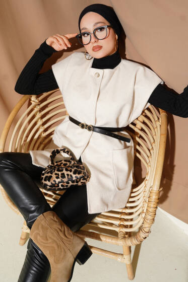 Tek Düğmeli Kemerli Sakallı Yelek Bej - Yelek