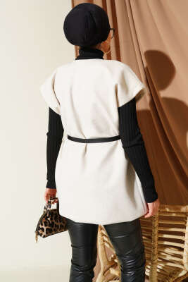 Tek Düğmeli Kemerli Sakallı Yelek Bej - Yelek