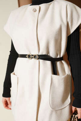 Tek Düğmeli Kemerli Sakallı Yelek Bej - Yelek