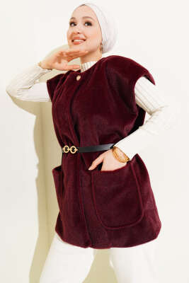 Tek Düğmeli Kemerli Sakallı Yelek Bordo - VAV TEKSTİL