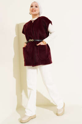 Tek Düğmeli Kemerli Sakallı Yelek Bordo - Yelek