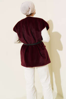 Tek Düğmeli Kemerli Sakallı Yelek Bordo - Yelek