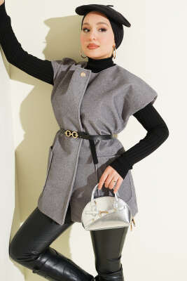 Tek Düğmeli Kemerli Sakallı Yelek Gri - VAV TEKSTİL