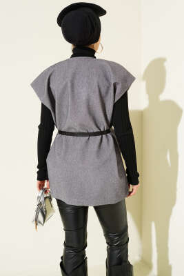 Tek Düğmeli Kemerli Sakallı Yelek Gri - Yelek