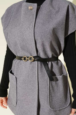 Tek Düğmeli Kemerli Sakallı Yelek Gri - Yelek