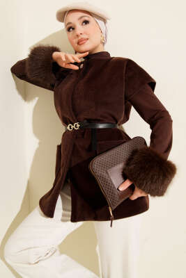 Tek Düğmeli Kemerli Sakallı Yelek Kahve - VAV TEKSTİL