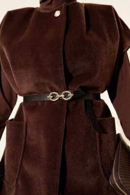 Tek Düğmeli Kemerli Sakallı Yelek Kahve - Yelek