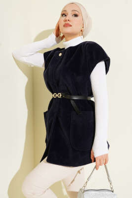 Tek Düğmeli Kemerli Sakallı Yelek Lacivert - VAV TEKSTİL